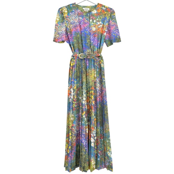 Vintage Dresses & Skirts - 80s Vintage Lady Carol Pastel Floral Pleated Short Sleeve Belted Midi Maxi Dress